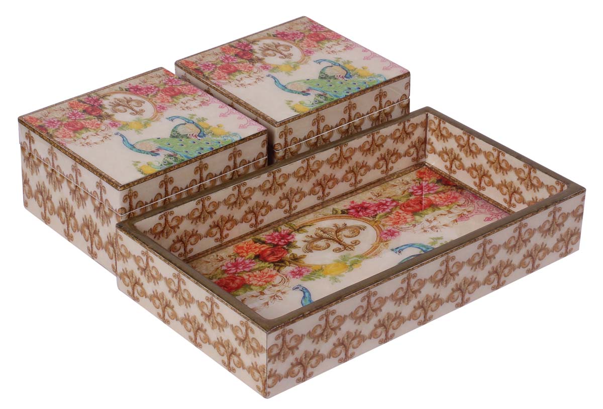 9” Peacock Storage Boxes / Containers with Tray in MDF - Set of 2 - Multicolored - Rich-Look Kitchen Essentials / Decor from India - Buy in Bulk Wholesale